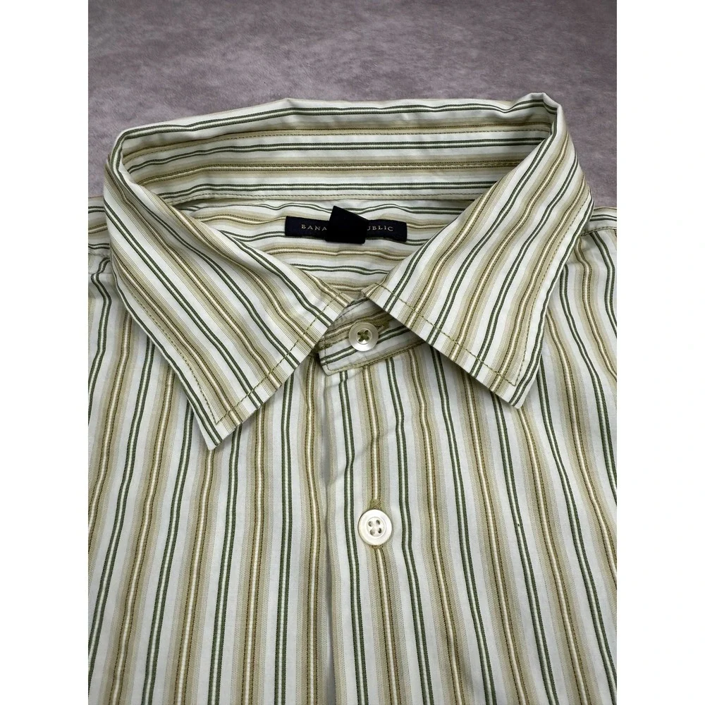 VTG Banana Republic Button Up Long Sleeve Shirt Mens 2XL Green Striped Hong Kong